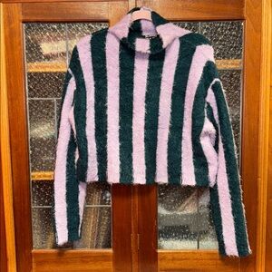 [BLANKNYC] Striped Fuzzy Turtleneck Sweater in Lilac and Turquoise Small